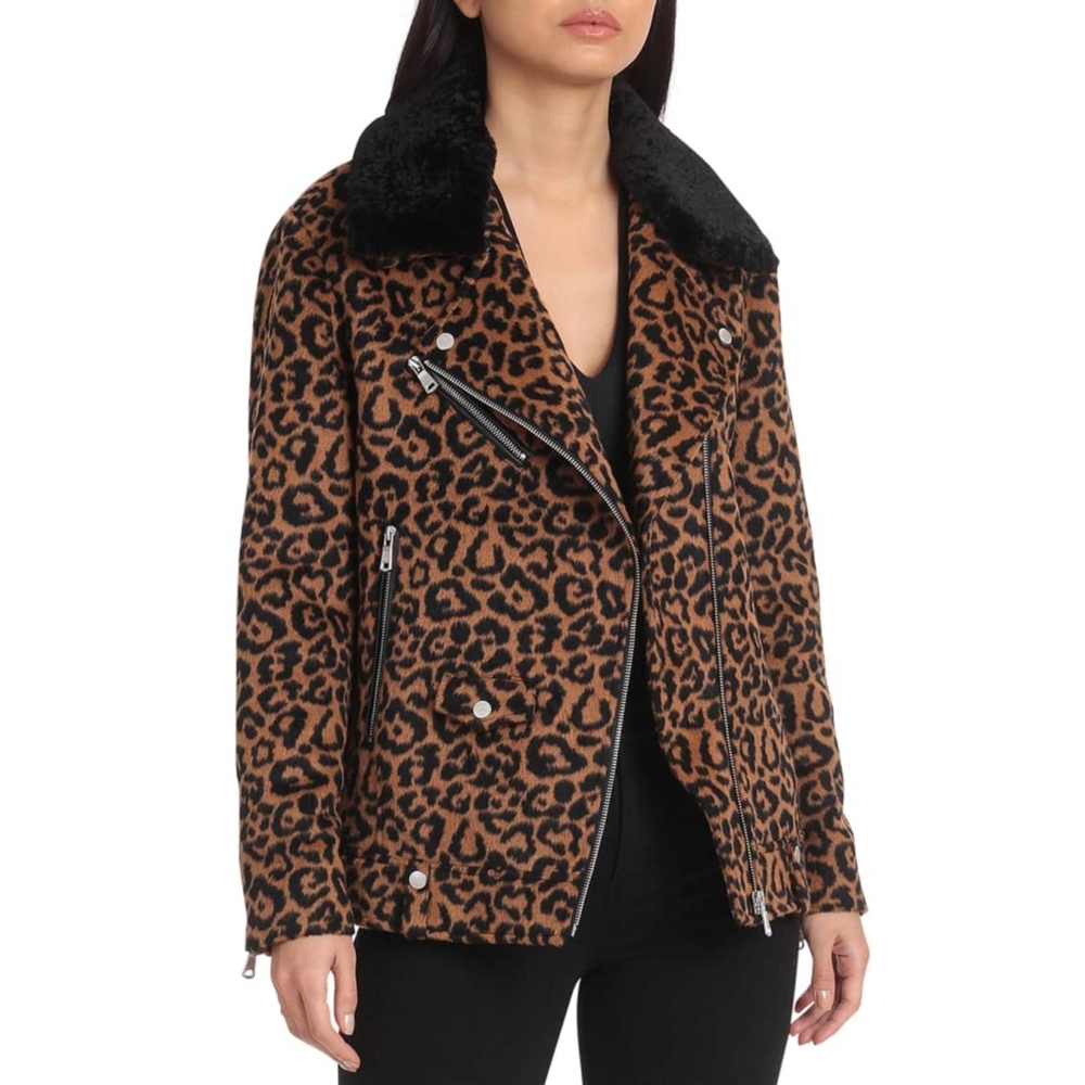 Avec Les Filles Sherpa Trimmed Leopard Biker Jacket Medium